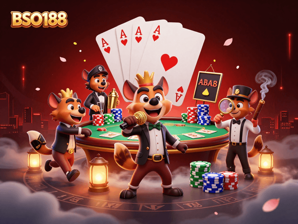 Experience the vibrant atmosphere of BSO188's comedy casino with hyenas, laughter, and casino action.
