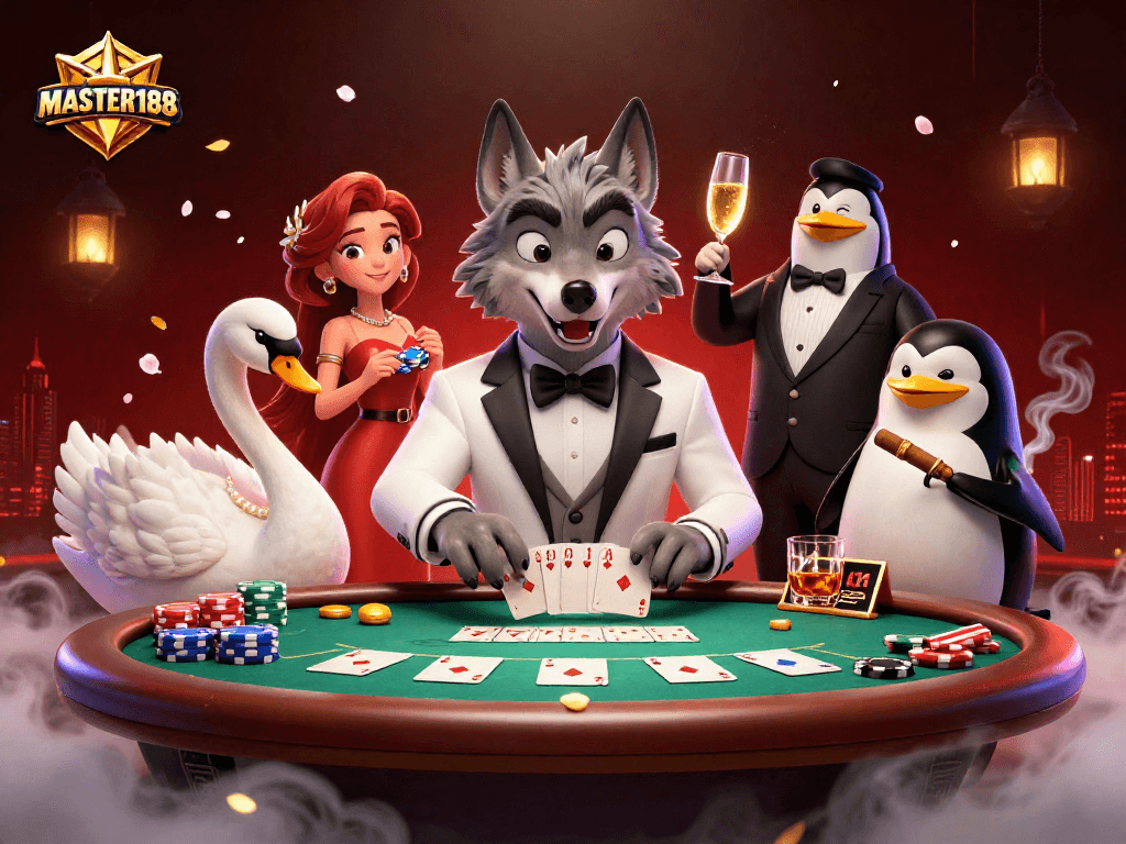 Experience thrilling baccarat with MASTER188, featuring a debonair wolf and elegant characters around glamorous tables.