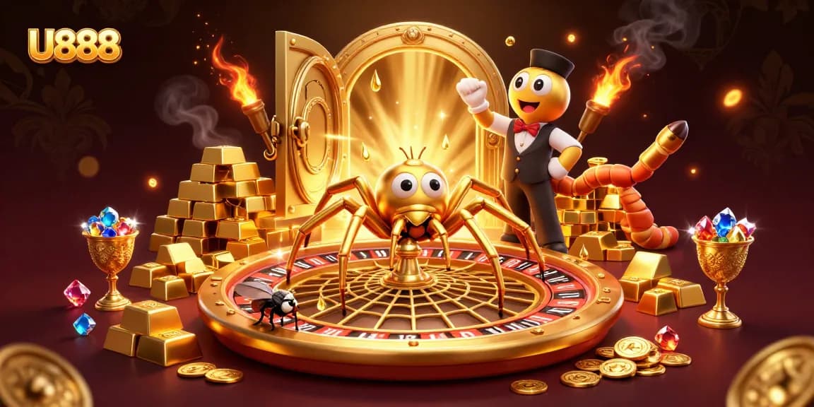 U888 delivers thrilling bets in a vibrant 3D casino illustration featuring a spider and croupier.