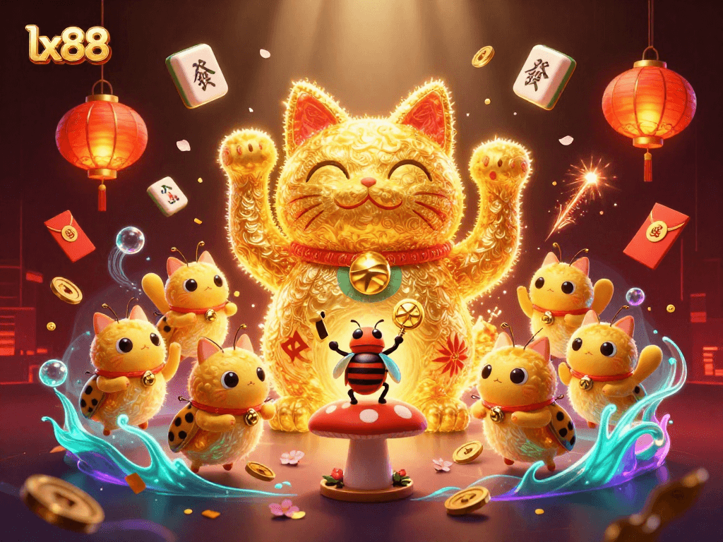 Experience the excitement of lx88 with a vibrant lucky cat and casino elements in a dynamic scene.