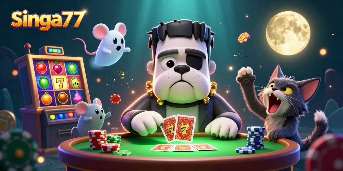 Singa77 slots action scene with 3D characters and vibrant slot machine elements