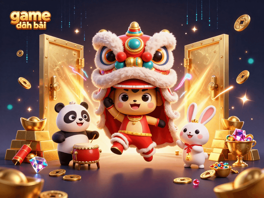 Game đánh bài illustration featuring cartoon lion dance, panda drummer, and treasure elements.