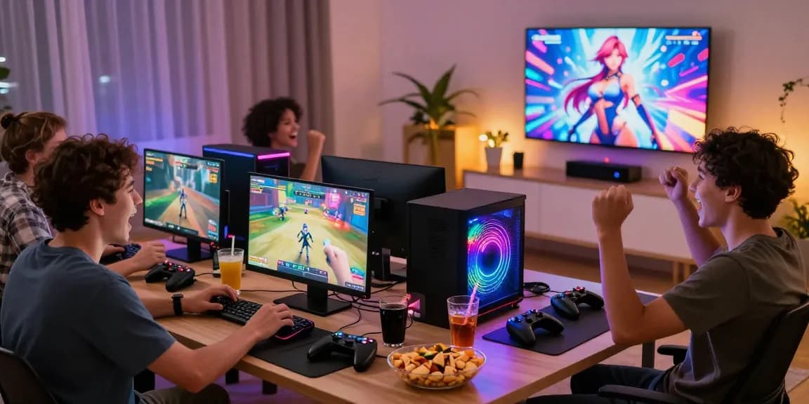 Friends playing sexgames online in a lively living room with colorful lighting and gaming setup.