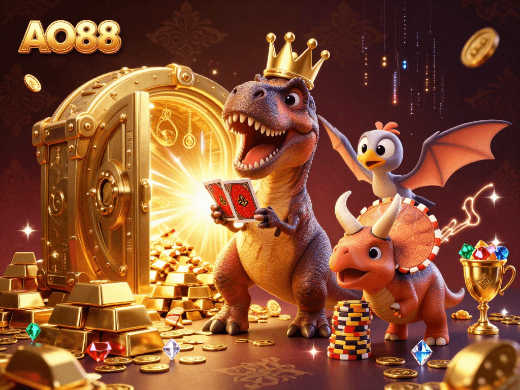 Experience thrilling games at AO88 with animated dinosaur characters shuffling cards and stacking chips.