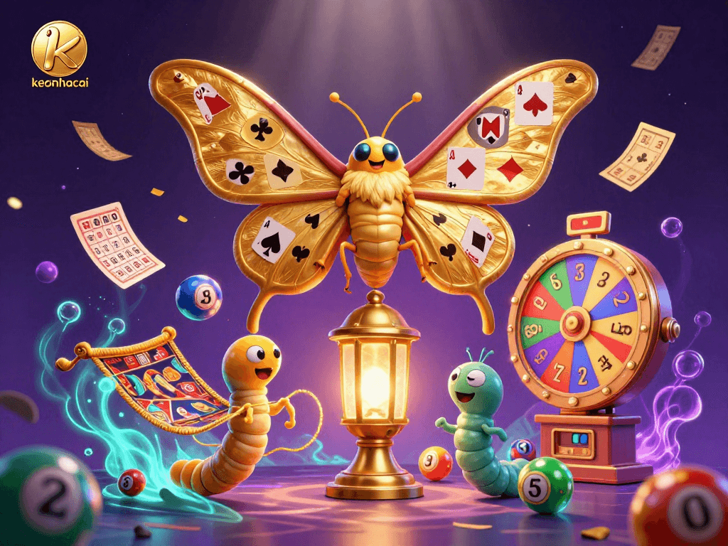 Engage with keonhacai's vibrant lottery scene featuring an atlas moth and dynamic gaming elements.
