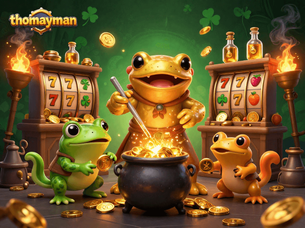 thomayman illustrates a golden salamander alchemist creating winning jackpots in a vibrant casino setting