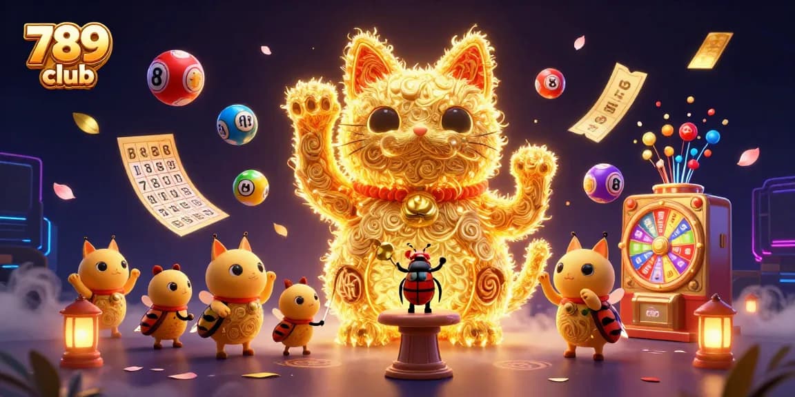 Engage with the lively 789 club ambiance as golden fireflies and a lucky cat animate exciting casino elements.