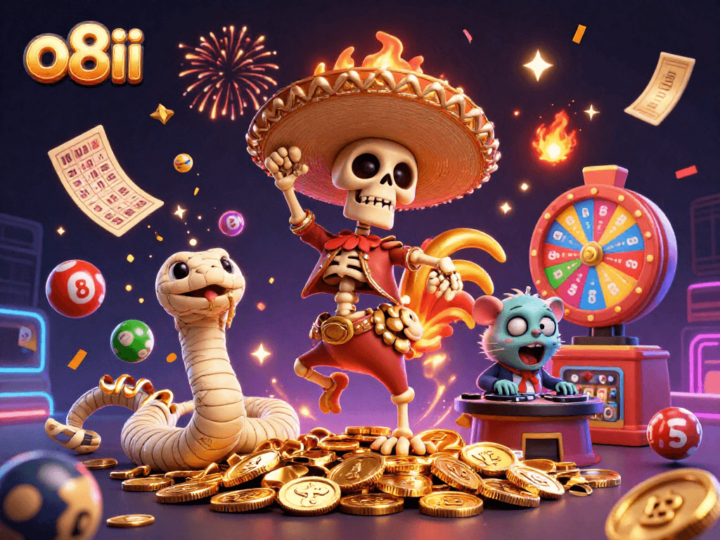 Engage in thrilling games and jackpots at o8ii with a vibrant, festive 3D casino illustration.
