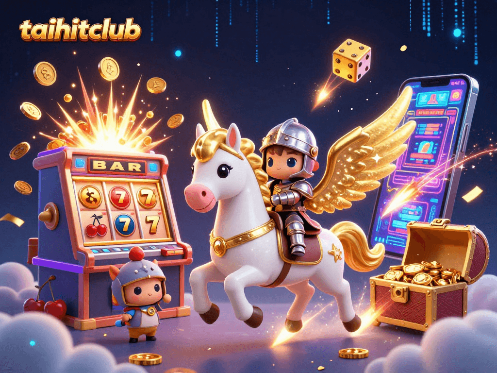 Experience the excitement of taihitclub with a magical scene of a galloping celestial horse amidst vibrant casino elements.