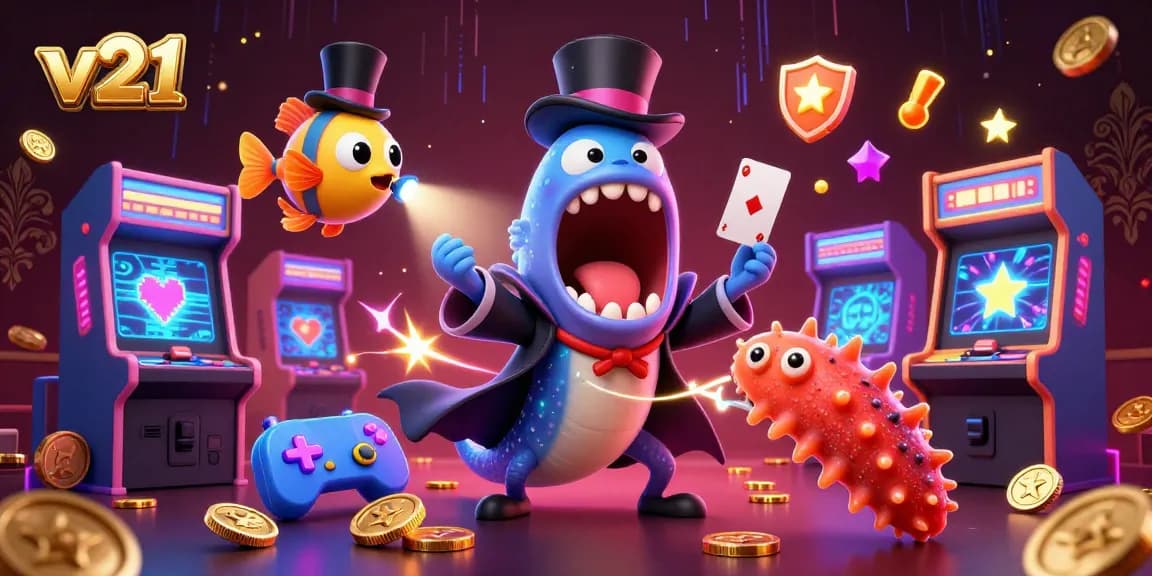 Permainan slot menarik di v21, dengan slot gulungan dan harta karun bersinar dari dalam laut.