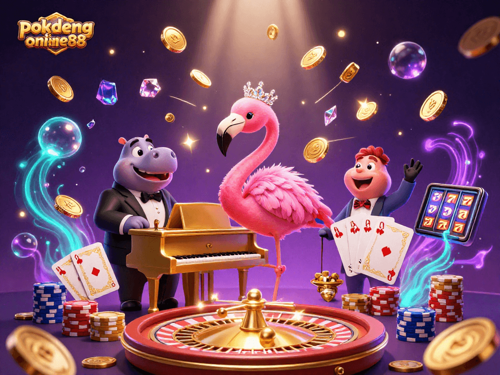 Experience the thrill of pokdeng-online88 with vibrant casino icons and lively characters.