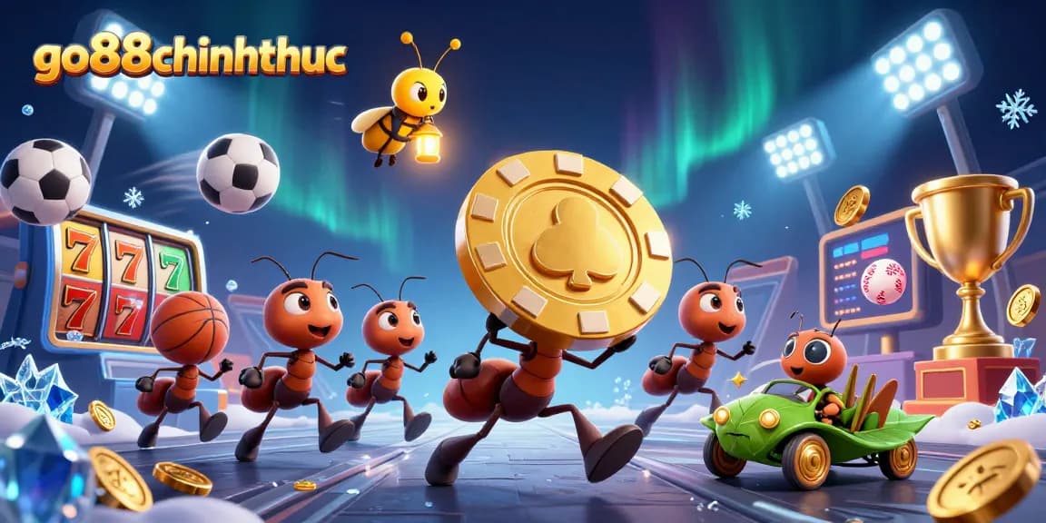 Experience the thrill at go88chinhthuc with ants heisting a giant poker chip amidst vibrant casino elements.