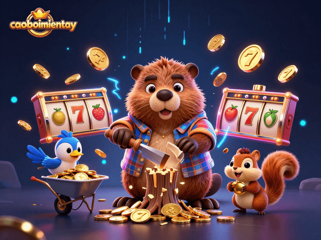 Engage in caoboimientay with a beaver character collecting golden coins in an action-packed casino setting.