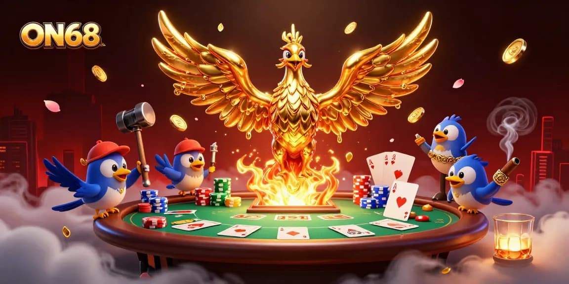 Participate in winning strategies with ON68's golden phoenix and poker elements in a dynamic casino scene.