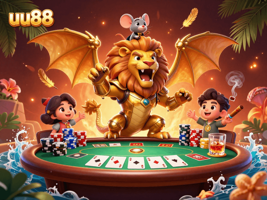 Win big at uu88 with a stunning 3D chimera roaring triumphantly at a poker table.