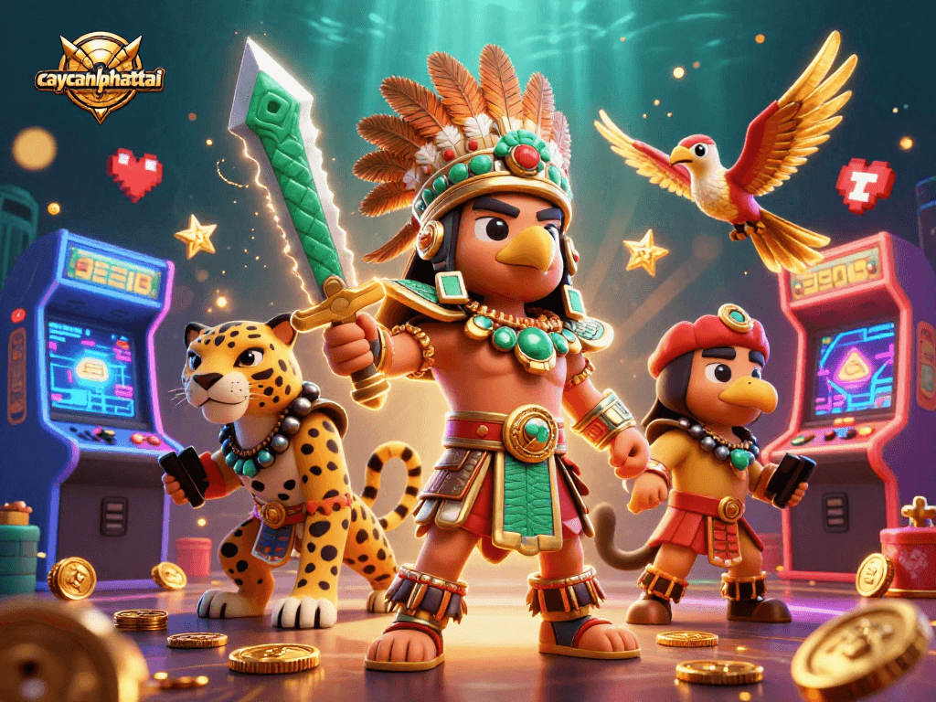 Caycanhphattai features Aztec warriors amidst vibrant casino game elements in a stunning 3D illustration.