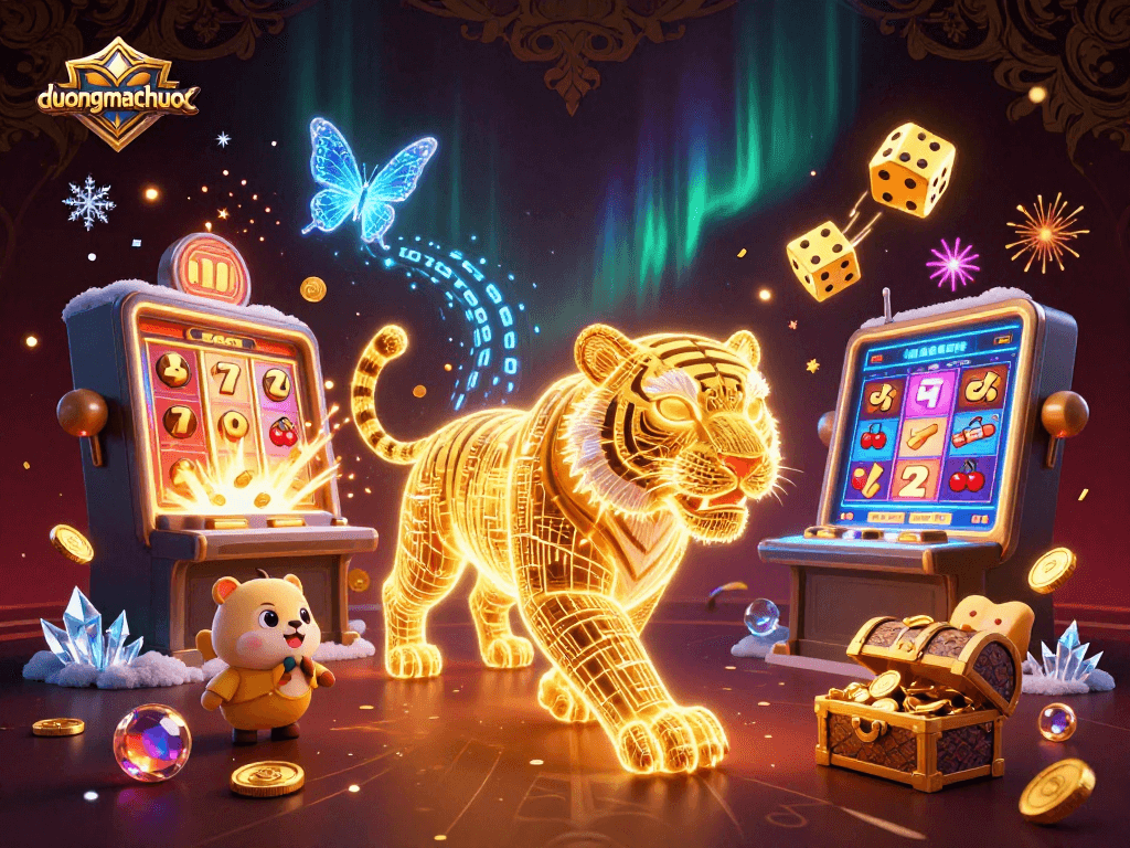 Experience duongmatchuoc in a vibrant casino scene with a glowing golden tiger and thrilling slot machine action.