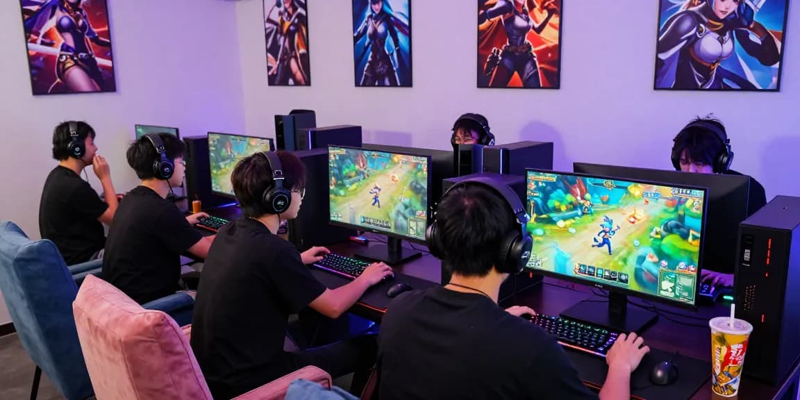 Enthusiastic gamers discussing gacha168 strategies at a vibrant gaming setup.
