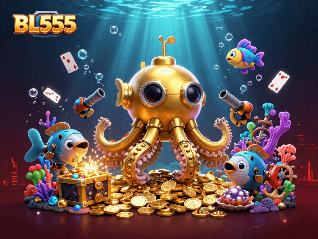 BL555 offers a thrilling underwater casino experience with a kraken submarine and treasure-filled ocean.