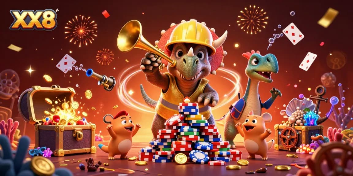 XX8 showcases an energetic scene with cheerful cartoon dinosaurs celebrating poker chip wins.
