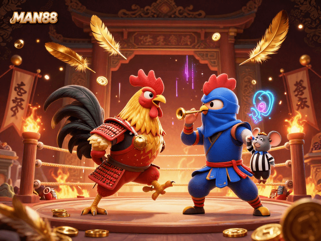 MAN88's dynamic scene captures twin fighting roosters, showcasing action-packed gambling excitement.