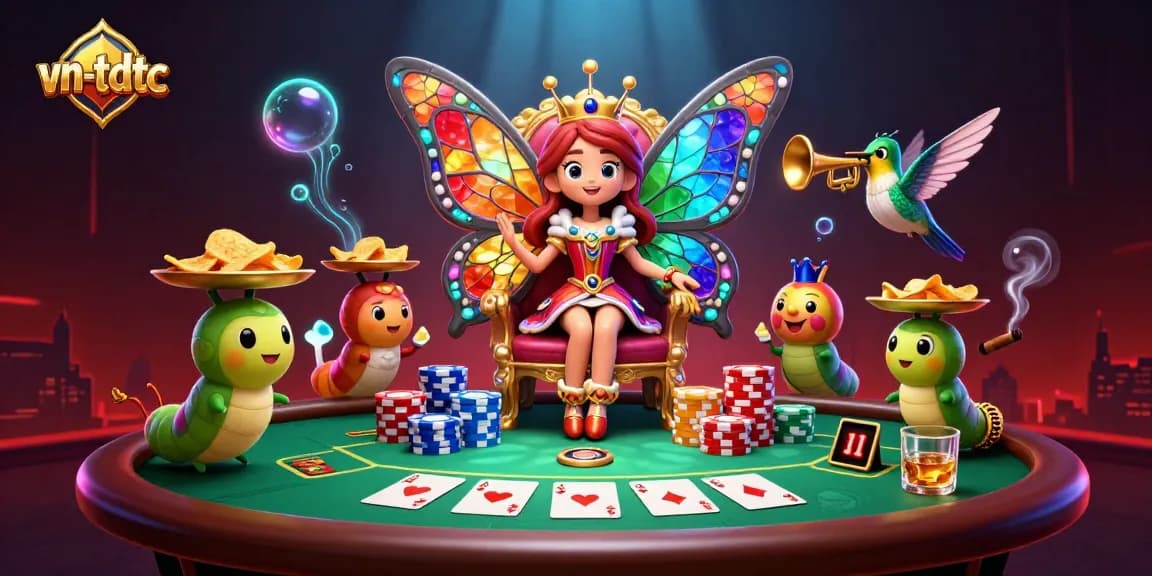 Experience exciting poker action with vn-tdtc in this vibrant 3D casino illustration featuring the butterfly queen.