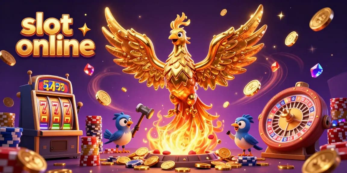 Memenangkan slot online dengan slot mesin dan koin emas berhamburan di atas permainan kasino.
