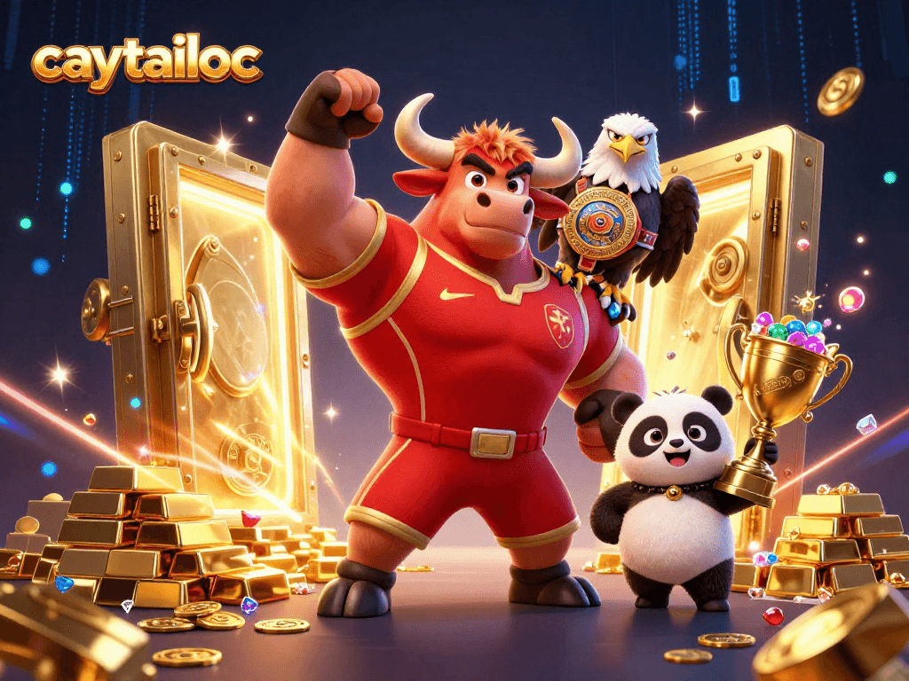 Engage in thrilling gameplay with caytailoc as a muscular bull mascot celebrates jackpot wins surrounded by treasures.