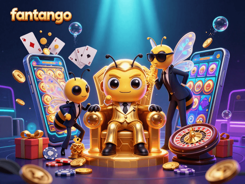 Spin vibrant slot games with fantango while a cartoon mob boss and guards scheme in a luxurious setting.