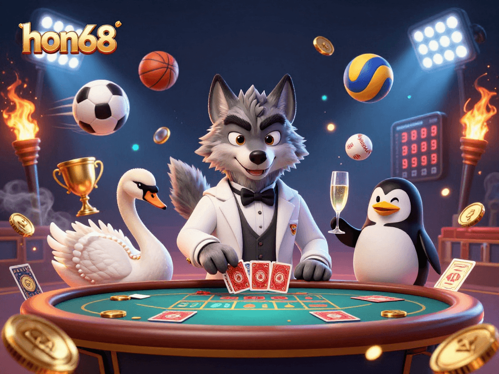 Engaging illustration of hon68 with a debonair wolf at a baccarat table and dynamic casino elements.