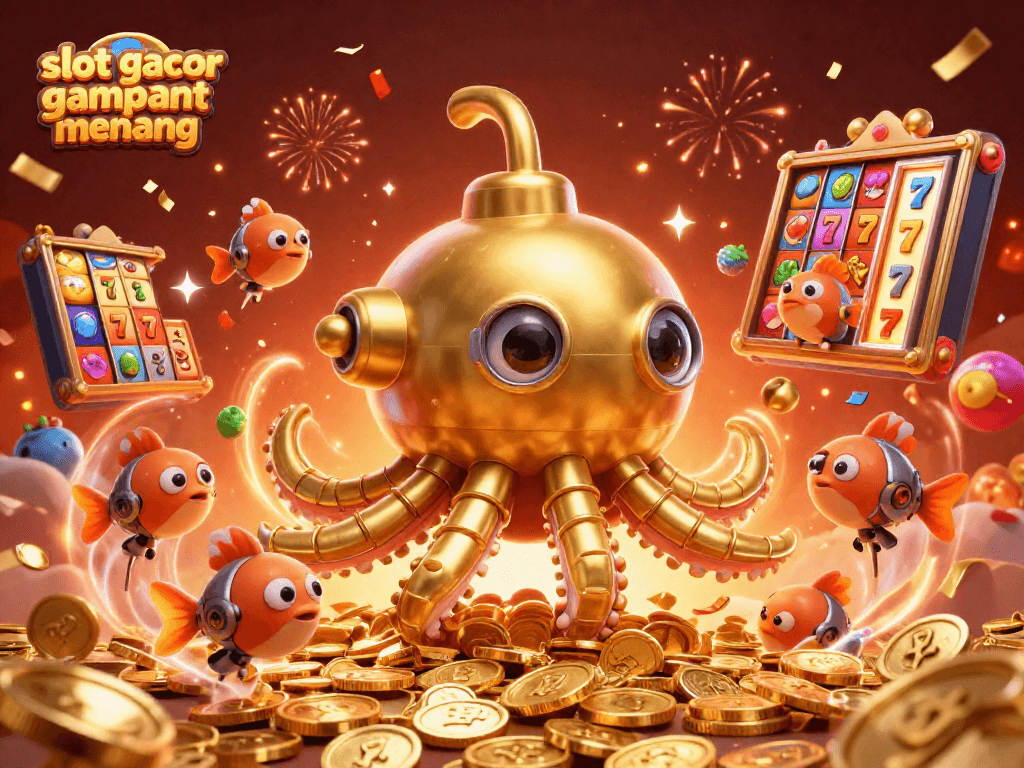 Experience the excitement of slot gacor gampang menang with a vibrant 3D casino scene filled with golden coins and lively game elements.