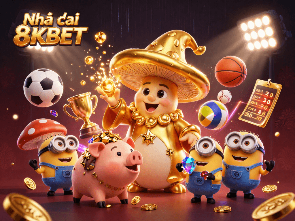 Experience the excitement with Nhà cái 8KBET featuring a golden wizard, sports elements, and dynamic energy in a vibrant casino scene.