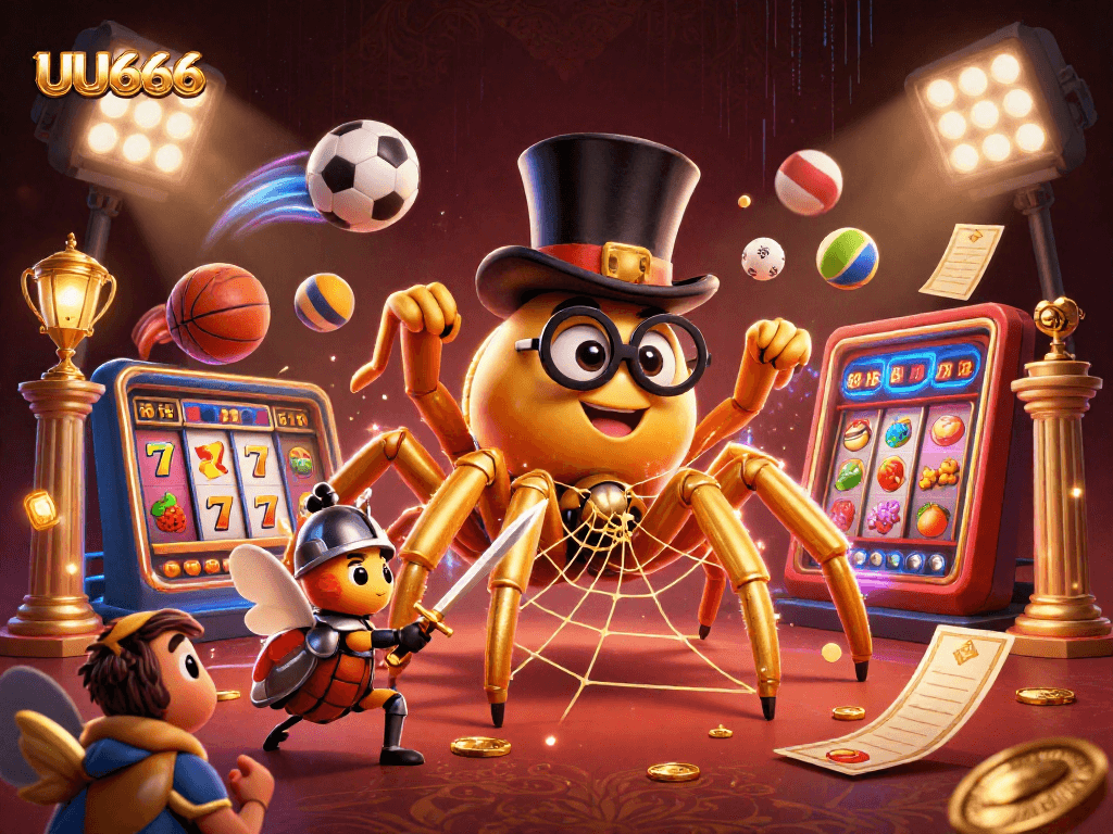UU666 offers an engaging casino experience with a golden tarantula and beetle knight amidst dynamic slots elements.