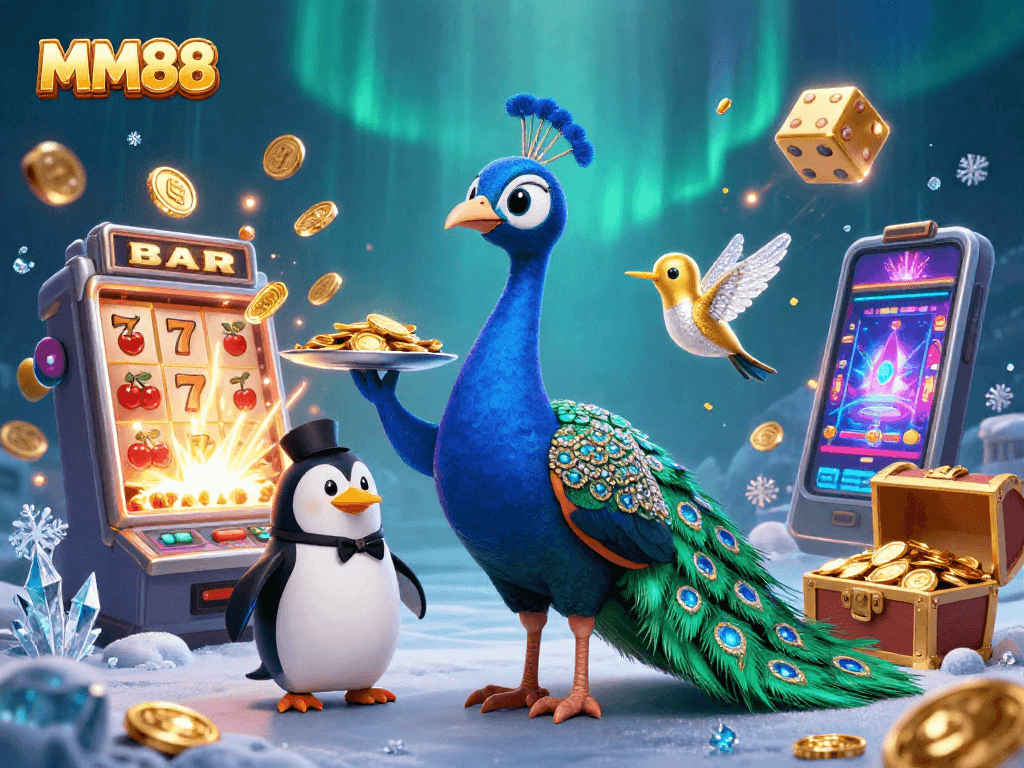 Engage with MM88's thrilling gaming experience featuring a peacock, a butler penguin, and a hummingbird amidst a jackpot explosion.