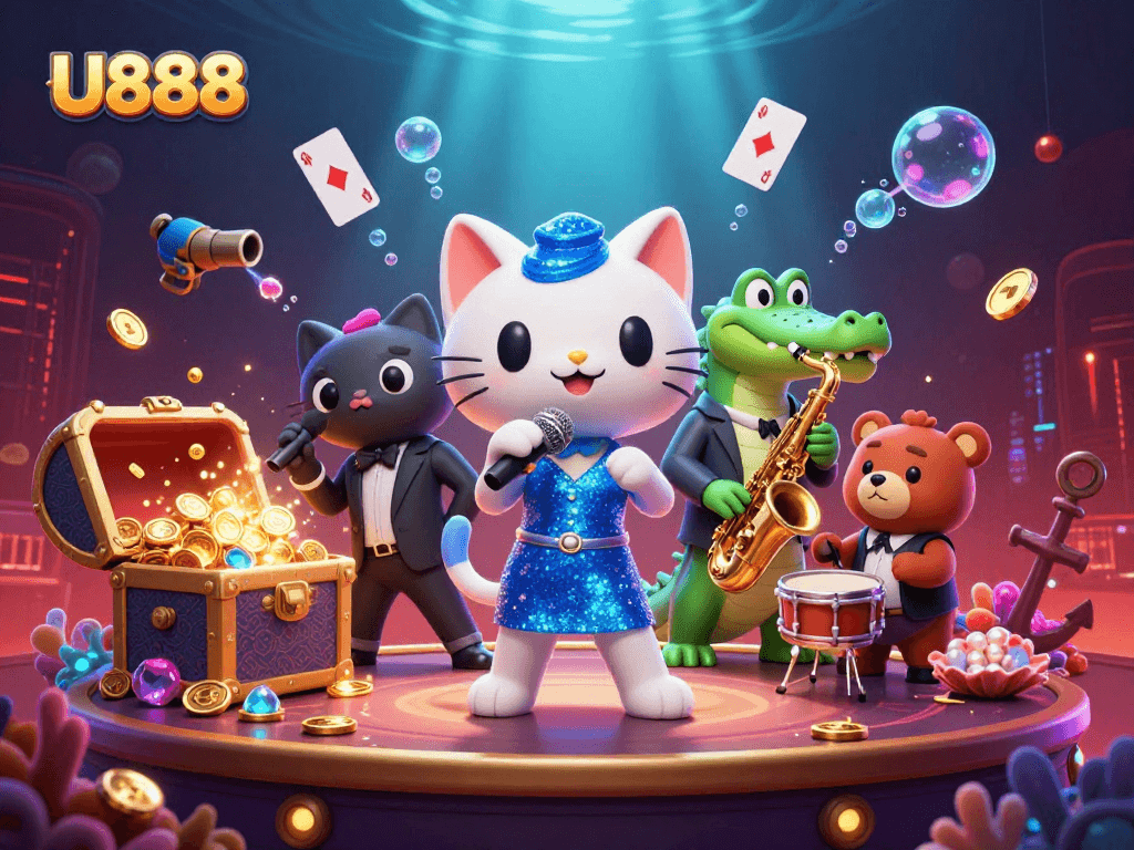 Immerse in the thrilling world of U888 with vibrant characters and casino elements.
