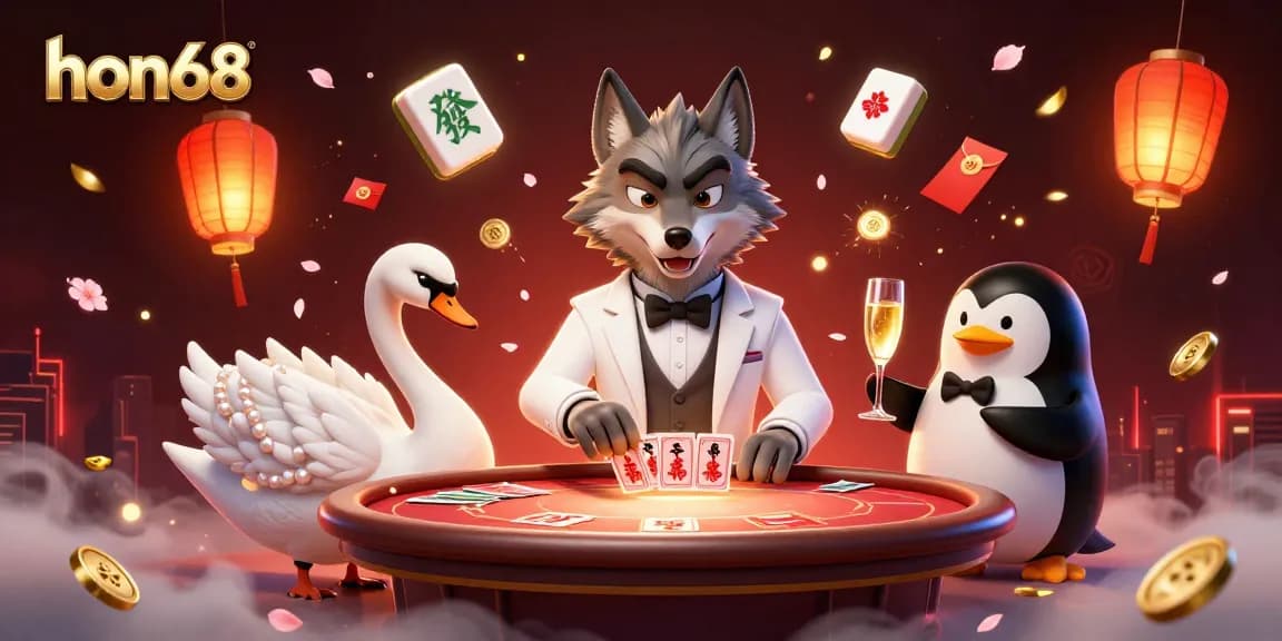 Experience thrilling baccarat action at hon68 with a debonair wolf and an elegant swan dealer.
