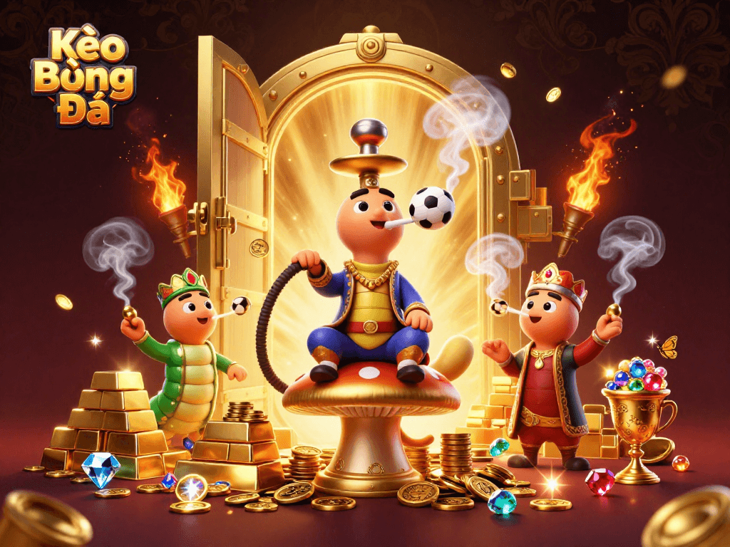 Kèo Bóng Đá showcases a vibrant 3D scene of a whimsical hookah-master amidst sports betting elements.