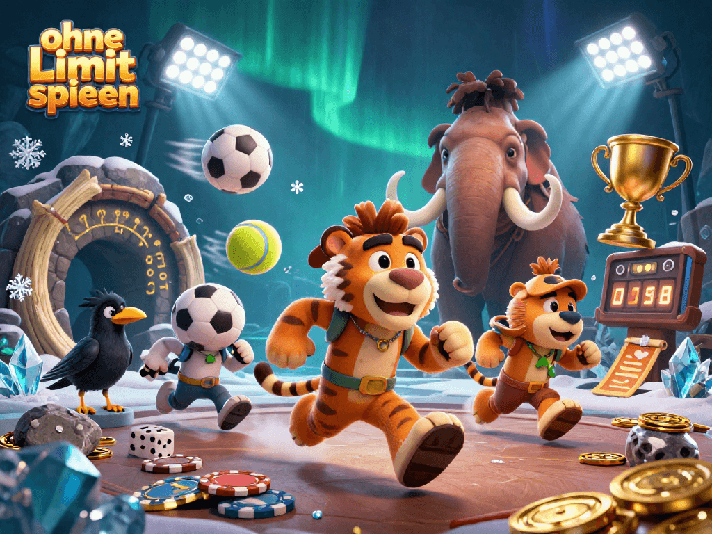 Play without limits at a vibrant prehistoric casino with cavemen, sports elements, and dazzling effects