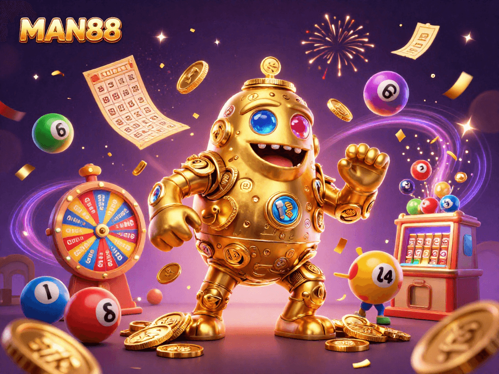 Experience thrilling wins at MAN88 with a golden golem and lottery excitement in this vibrant casino scene.