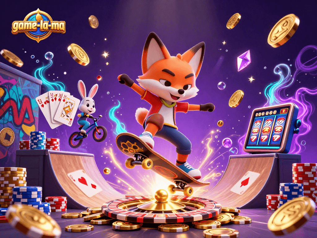 Engage in thrilling fun with game-la-ma, featuring a fox and rabbit in an action-packed casino scene.