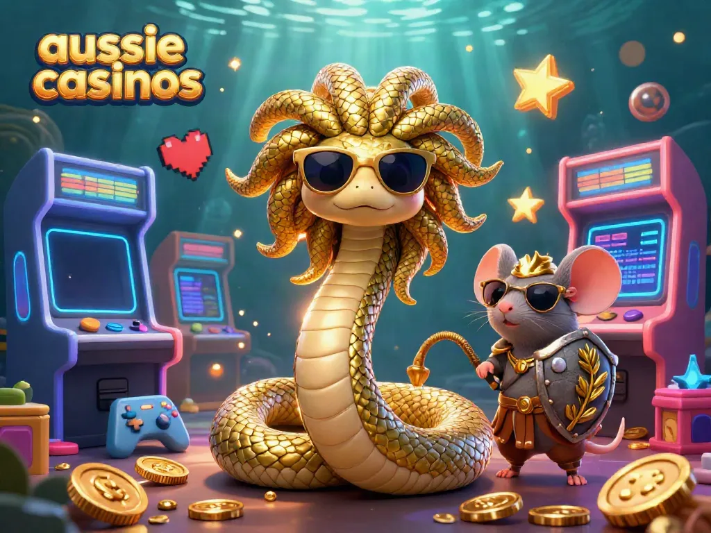 Aussie casinos themed illustration showcasing a friendly Medusa and warrior mouse in a vibrant gaming scene.