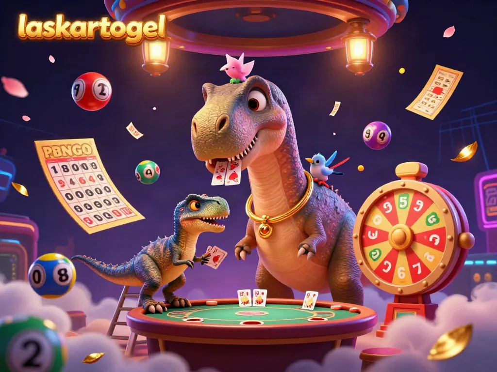 Engage with laskartogel's lively casino scene, featuring a playful brontosaurus and raptor amidst vibrant game elements.