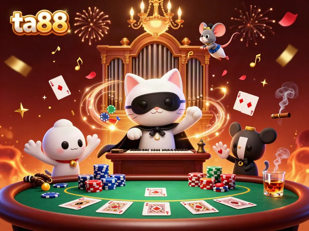 Experience the thrill of ta88 with a lively casino scene featuring a charming phantom cat and mischievous mouse.