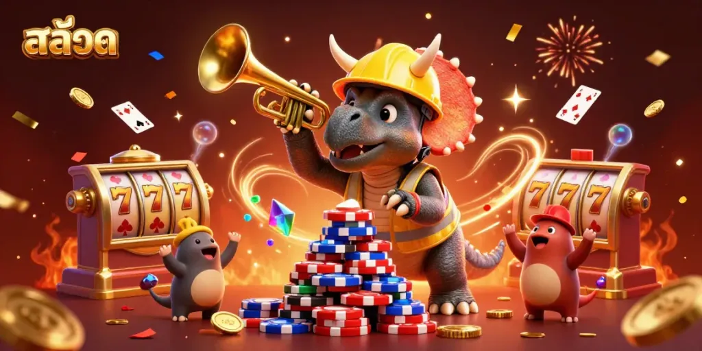 Cheerful triceratops and parasaurolophus celebrate while building a pyramid of poker chips, representing the excitement of สล็อต gaming.