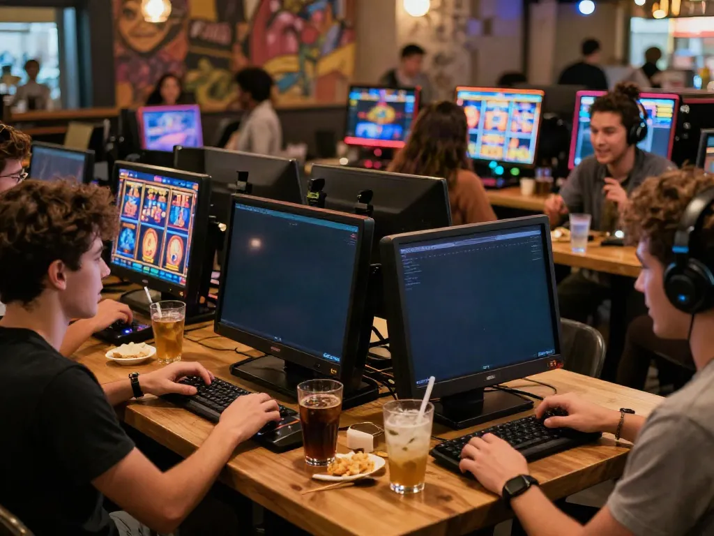 Exciting gaming scene with friends playing luxury12 link slots in a café.