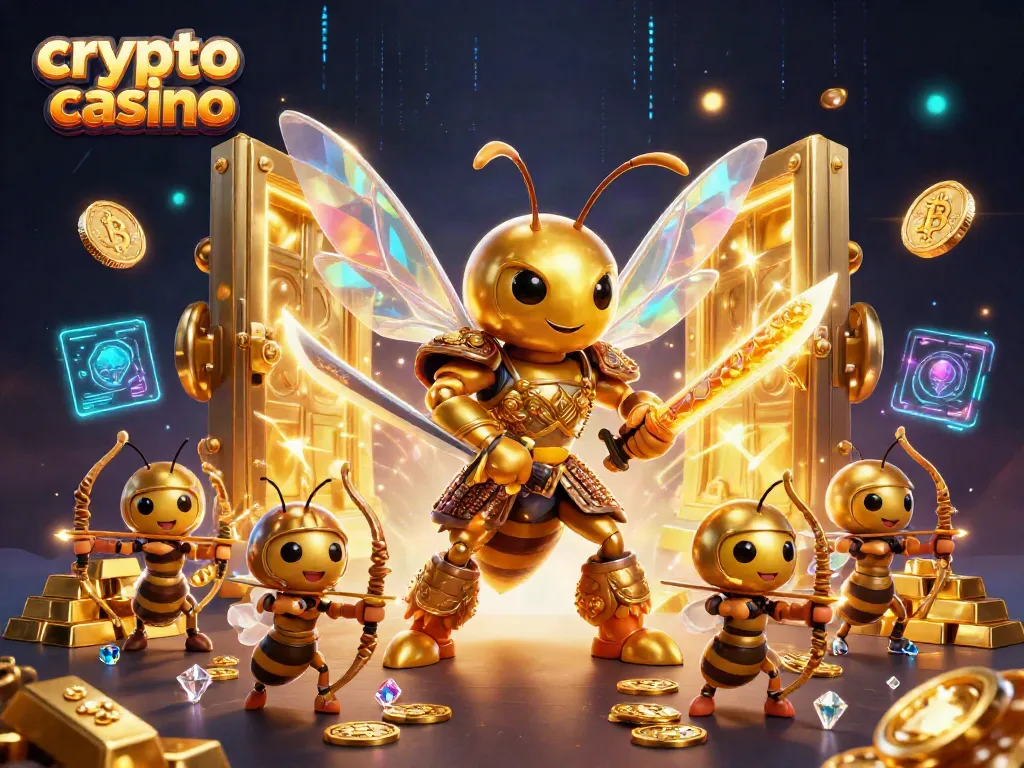 Experience the thrill of a crypto casino with our vibrant 3D art featuring blockchain elements and golden treasures.