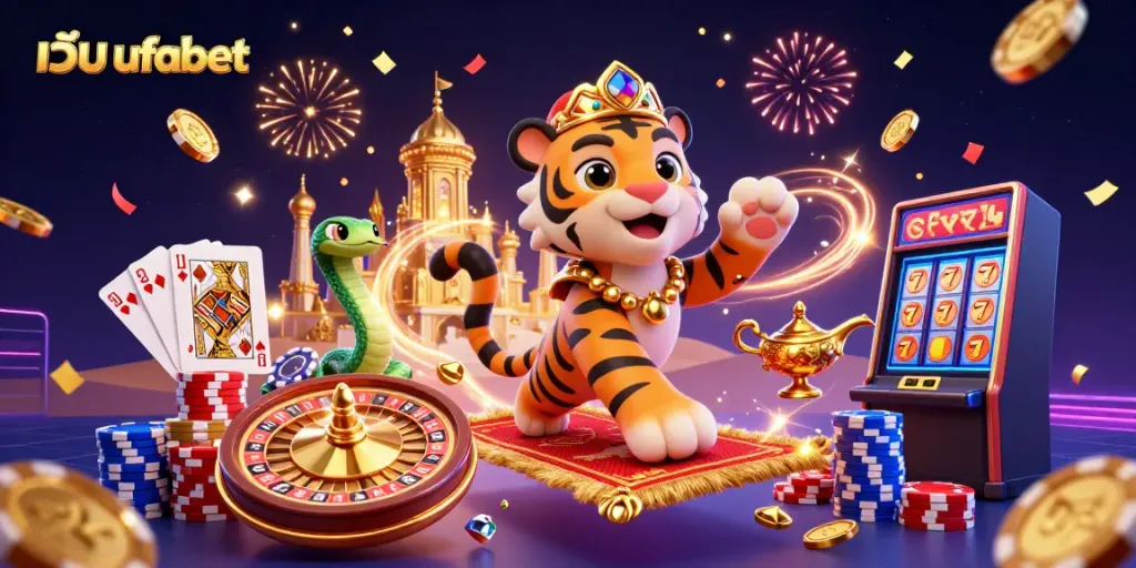 Experience the excitement of เว็บ ufabet with vibrant casino elements, golden coins, and a thrilling atmosphere.