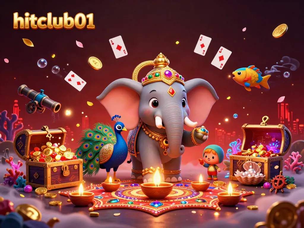 Experience big wins at hitclub01 with a vibrant 3D casino scene full of festive characters and treasure.