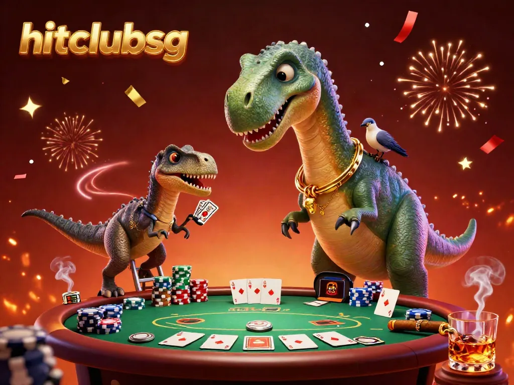 Experience the excitement of hitclubsg with a playful dinosaur scene at an animated casino.