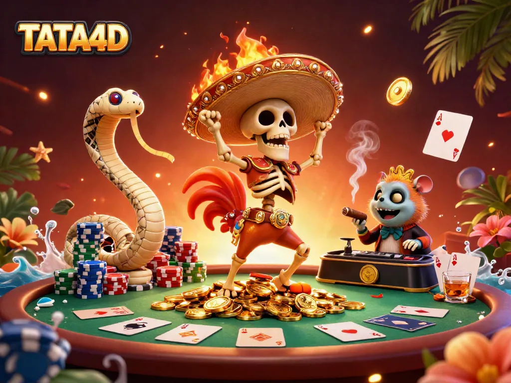 TATA4D skeleton mariachi rooster celebrating amidst poker elements, emphasizing thrilling casino vibes.